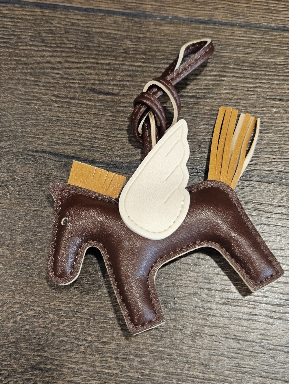 New Brown Vegan Leather Pegasus Bag Charm Camel Fringe with Cream Wing